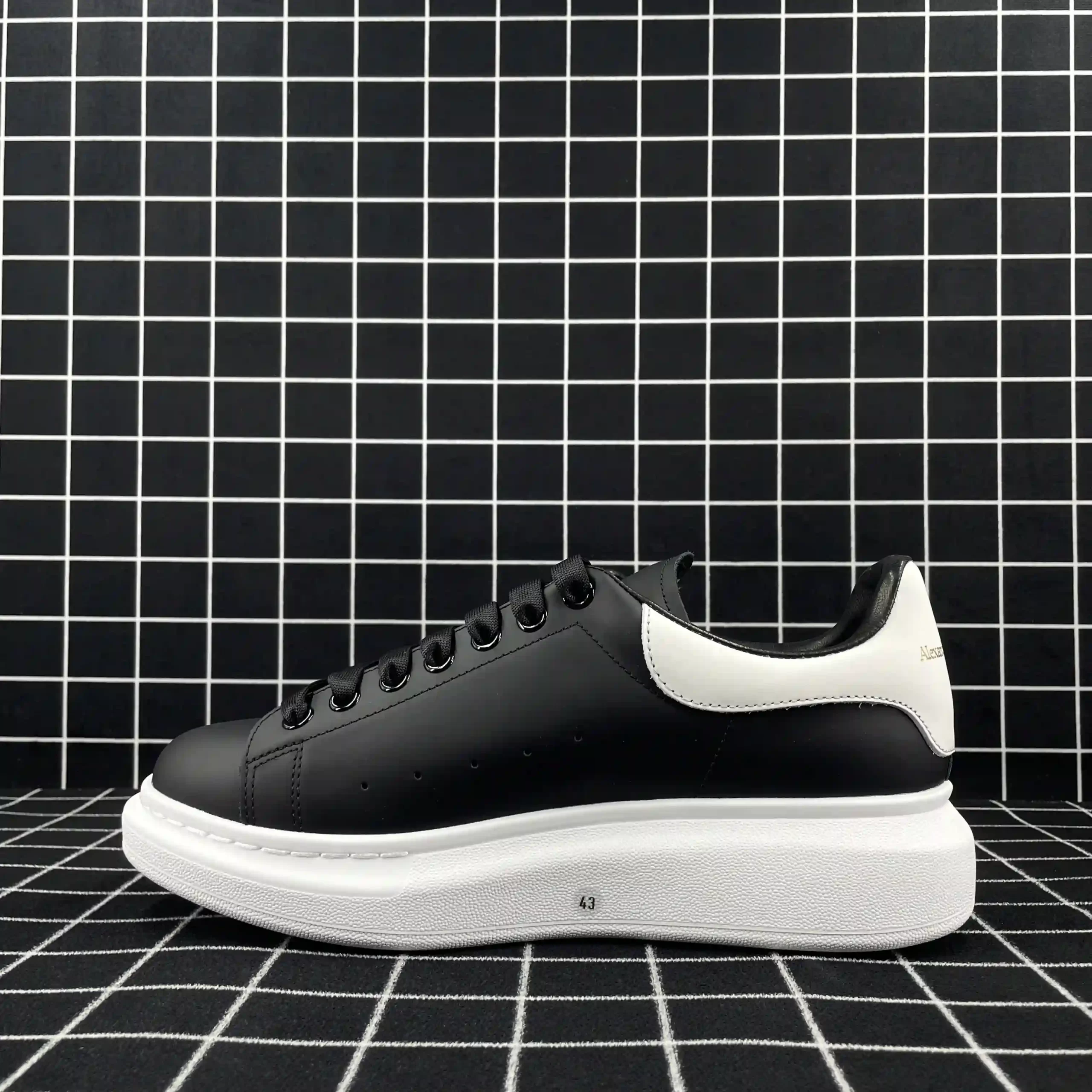 Alexander McQueen Oversized Sneaker Black Smooth Calf Leather with White Leather Heel Replica