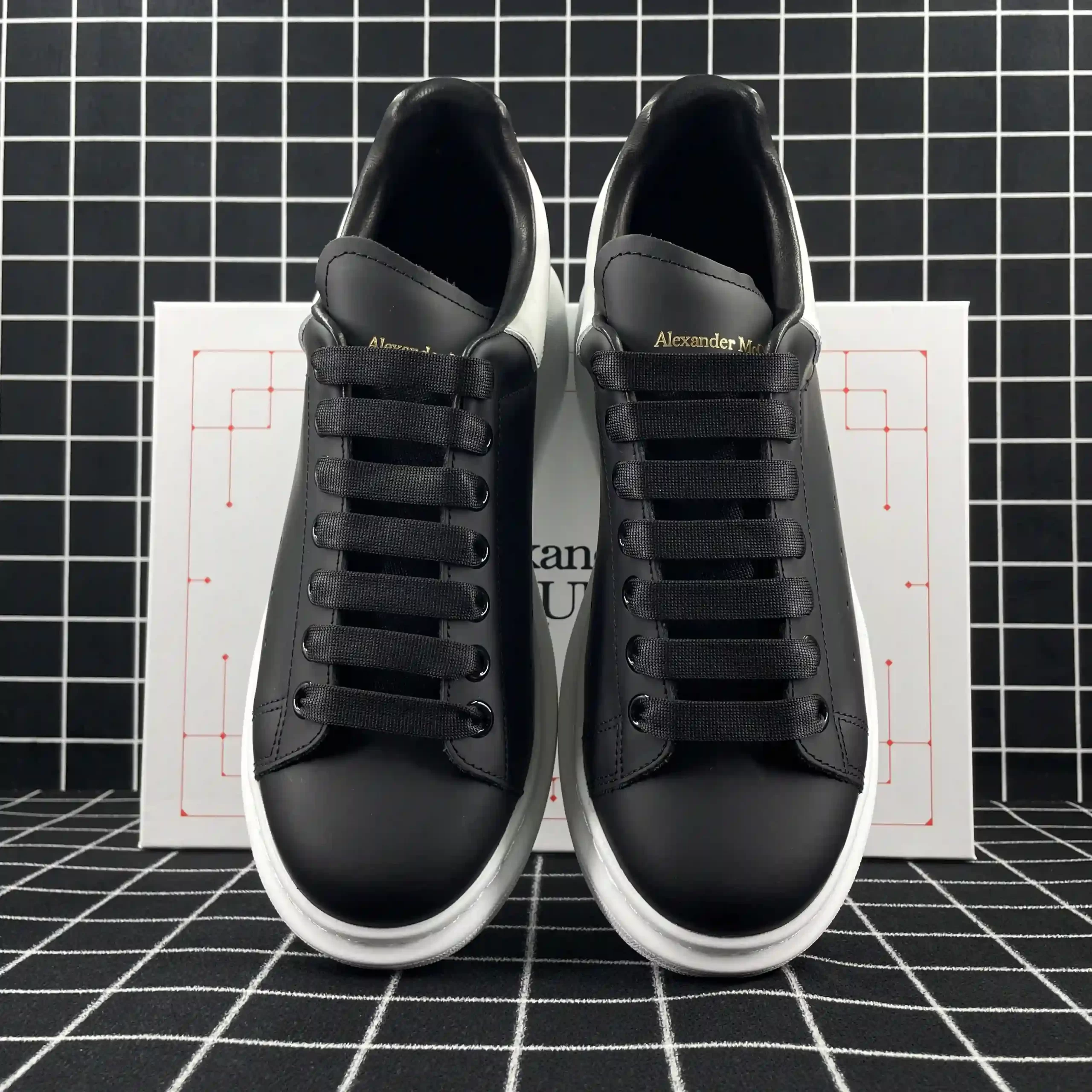 Alexander McQueen Oversized Sneaker Black Smooth Calf Leather with White Leather Heel Replica