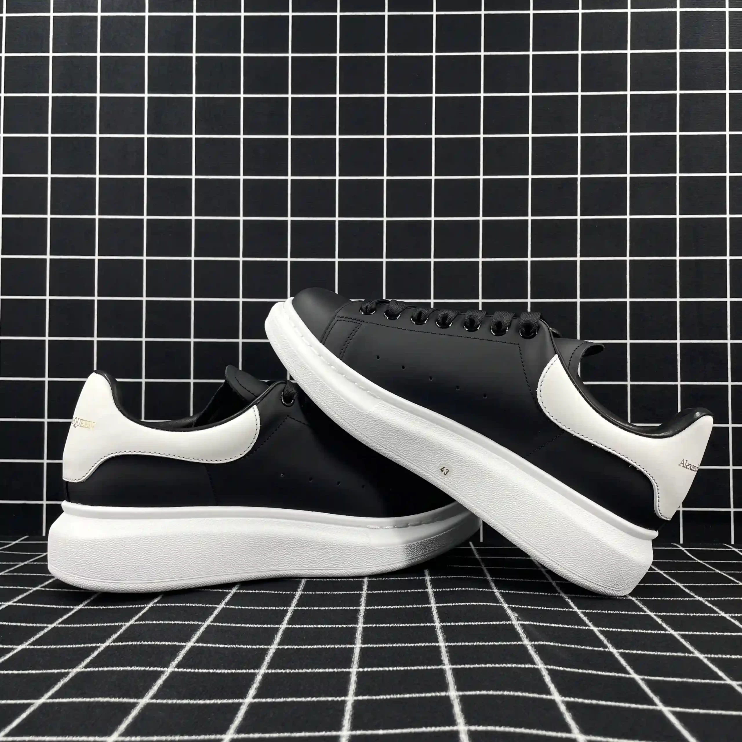 Alexander McQueen Oversized Sneaker Black Smooth Calf Leather with White Leather Heel Replica