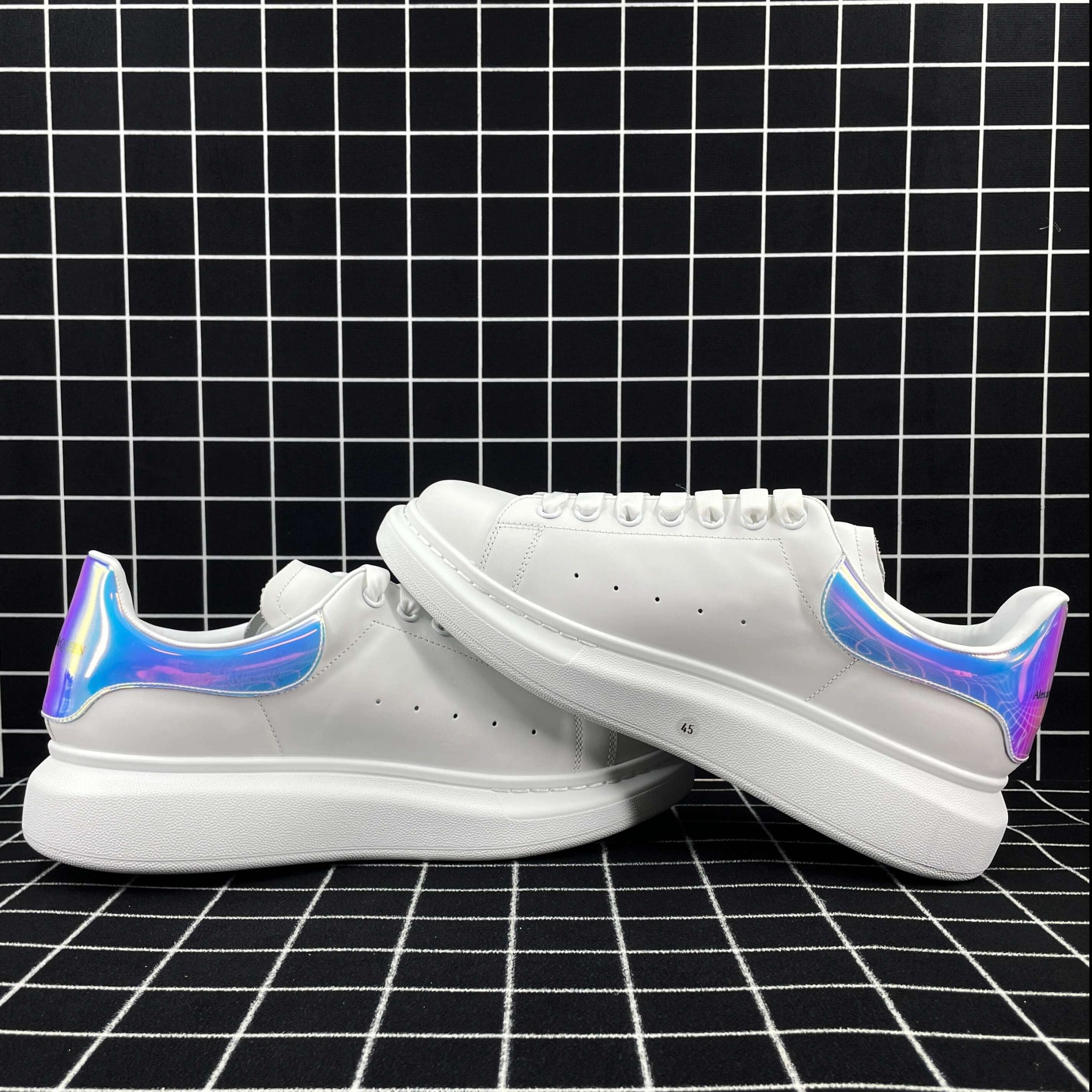 Alexander McQueen Oversized Sneaker White Smooth Calf Leather with Pearlescent Shock Pink Heel Replica