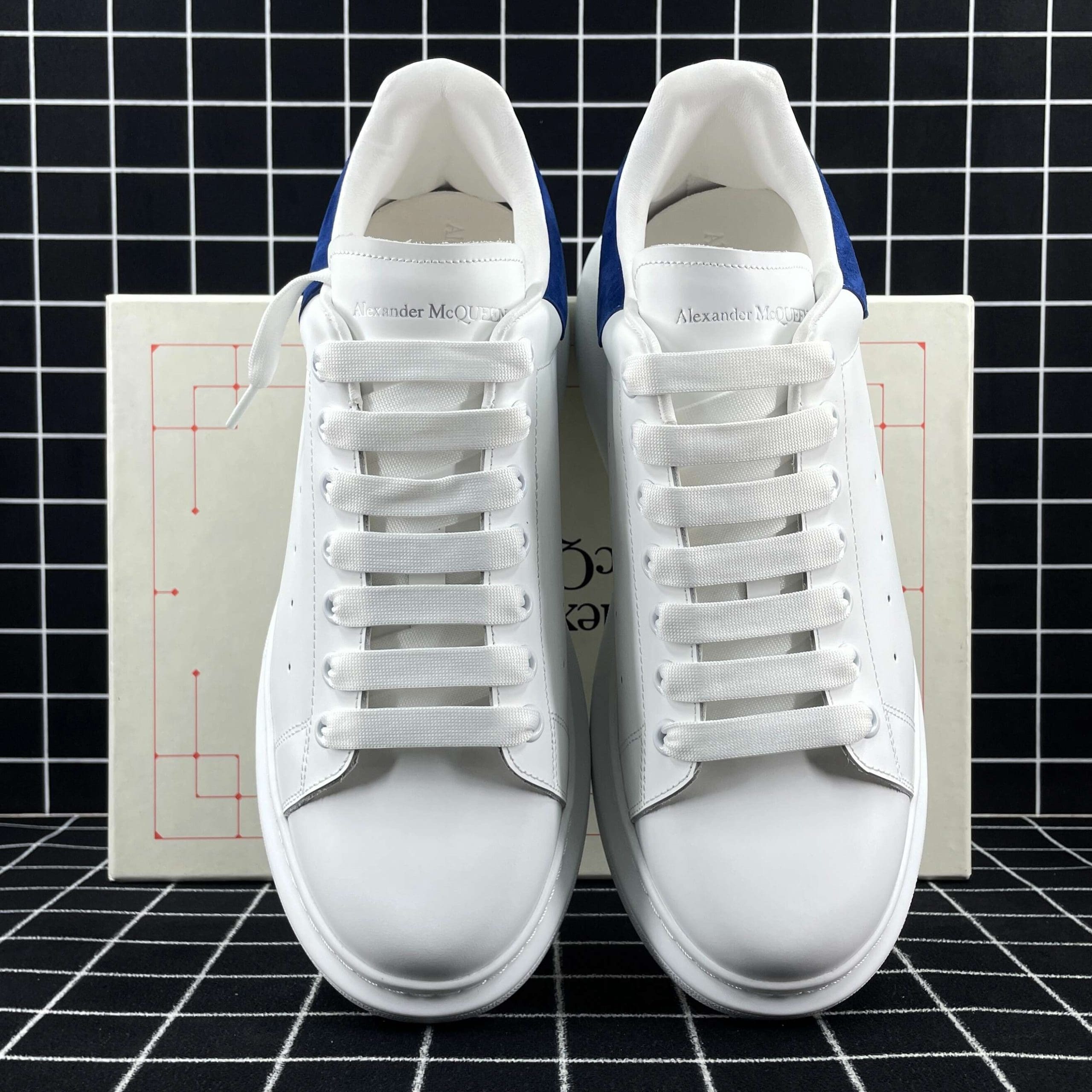 Alexander McQueen Oversized Sneaker White Smooth Calf Leather with Worker Blue Suede Heel Replica