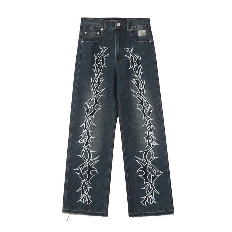 Revenge Embroidered Logo High Street Loose Tassel Denim Trousers for Men