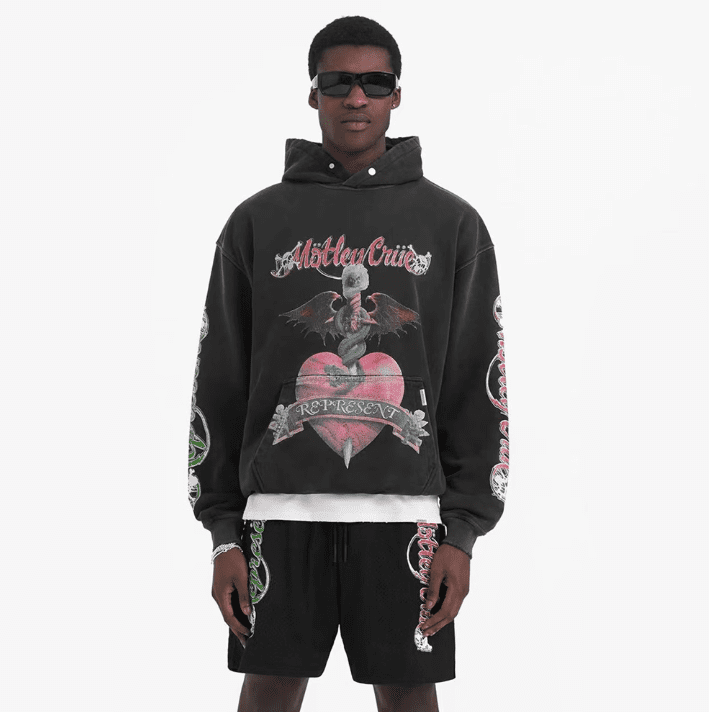 Represent Motley Crue Skull Print Distressed Retro Hoodie
