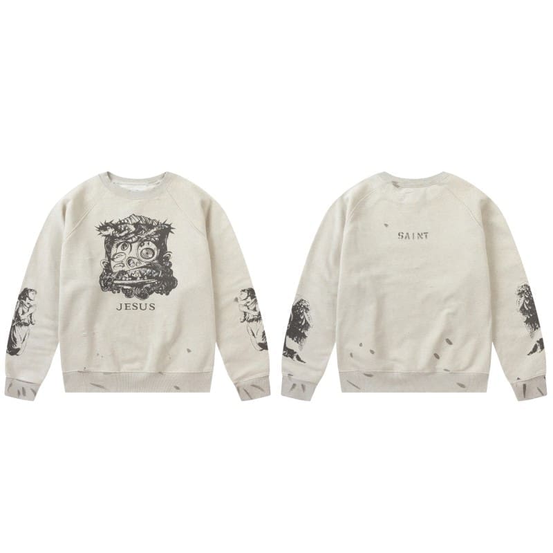 Saint Michael Retro Round Neck Sweater Thick Long Sleeve Top for Men and Women