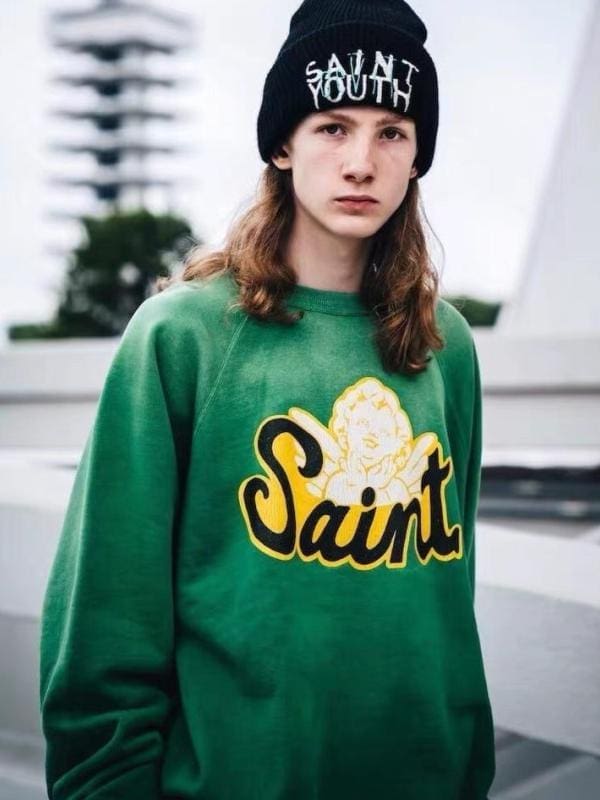 Saint Michael Retro Round Neck Sweater Thick Long Sleeve Top for Men and Women