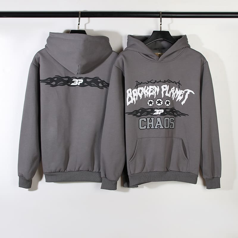 Broken Planet Warning Badge Puff Print Velvet Padded Hooded Sweatshirt Fashion