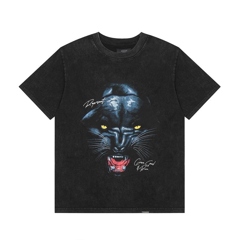 Represent Black Panther Head Print Distressed Short Sleeve T-Shirt for Men and Women