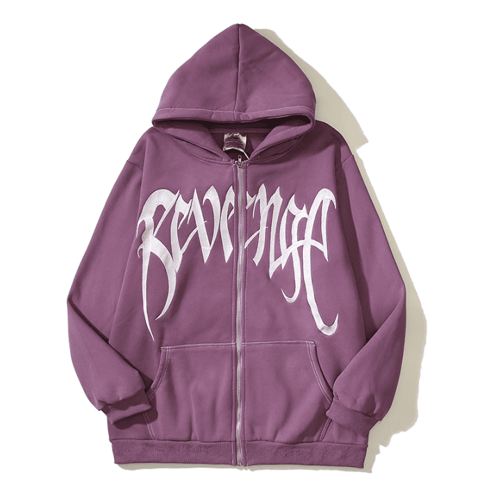 Revenge Needle Embroidered Hooded Zipper Fleece Sweater for Men and Women