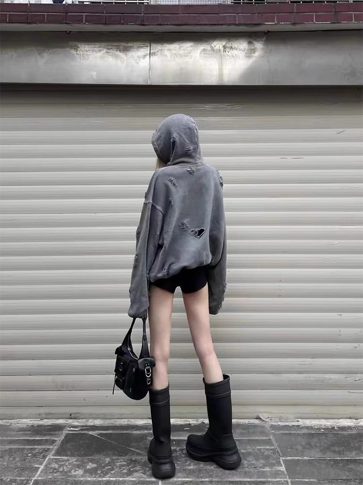 Thug Club Heavy Washed Distressed Leather Patchwork Hoodie