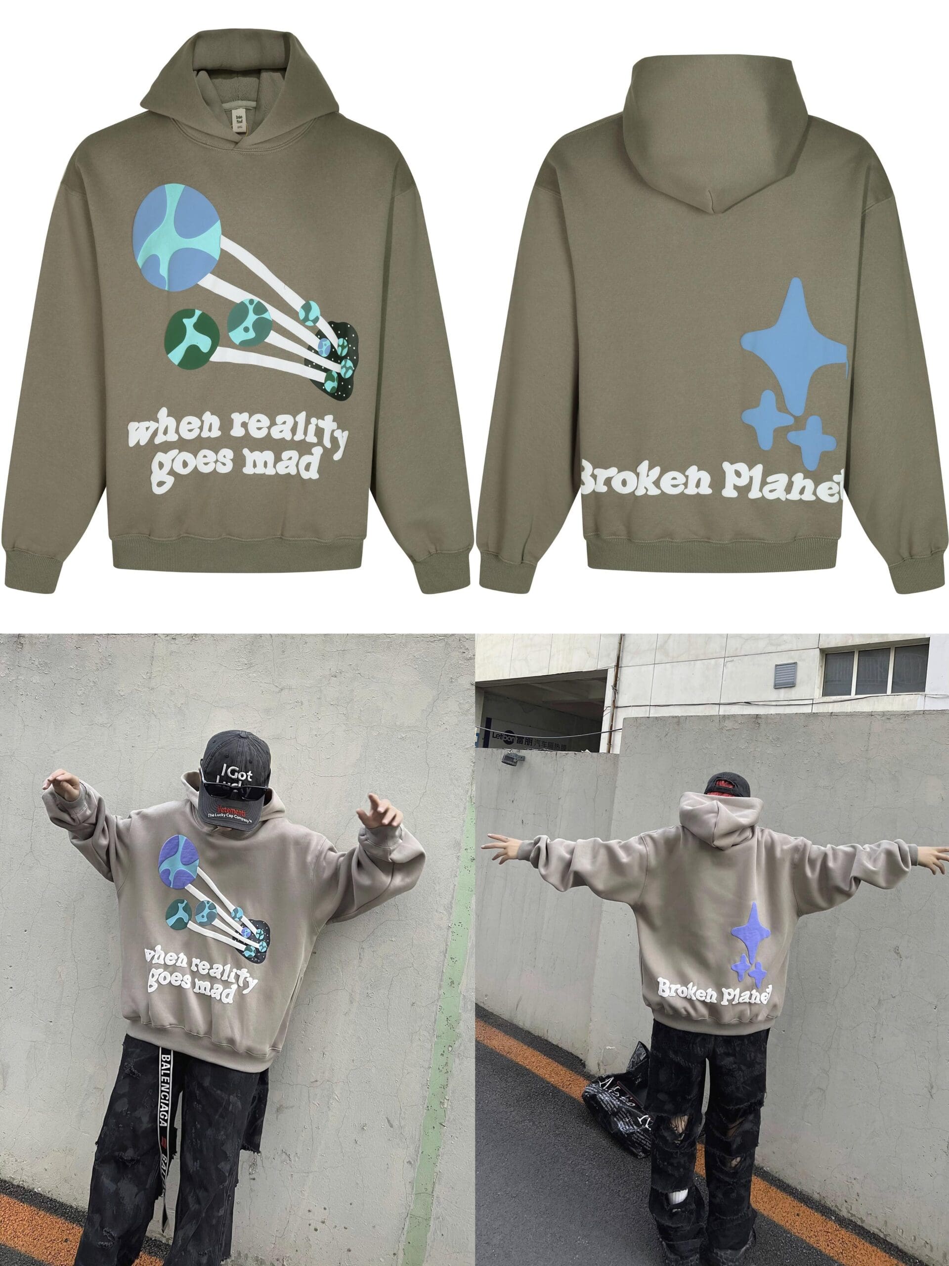 Broken Planet Puff Print Hooded Sweater Loose Fit for Men and Women