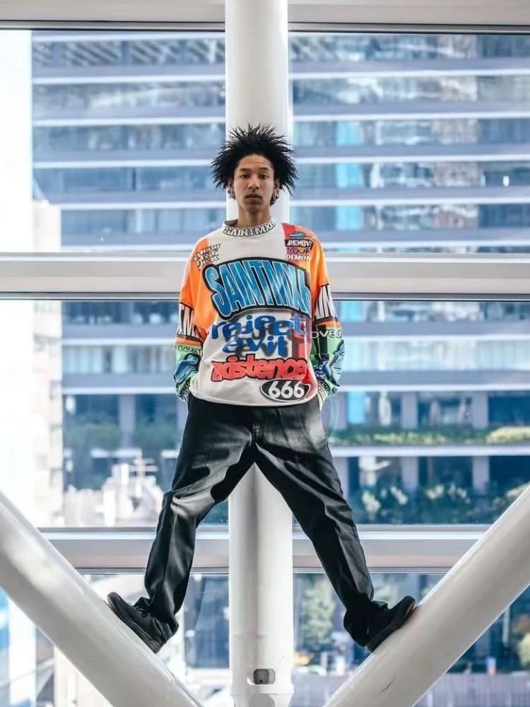 Saint of Michael Graffiti Cotton Wide Round Neck Long Sleeve T-Shirt for Men