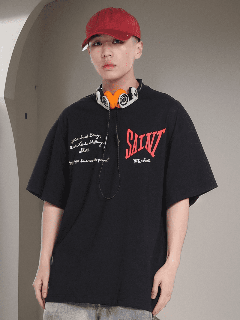 Saint Michael Letter Embroidery Vintage Short Sleeve T-Shirt Heavy Style