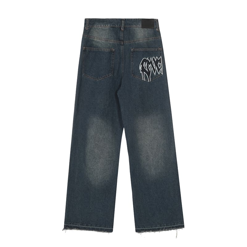 Revenge Embroidered Logo High Street Loose Tassel Denim Trousers for Men