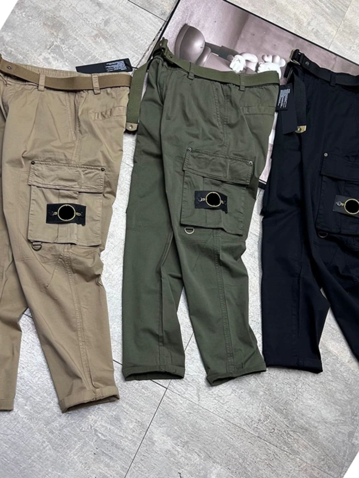 Stone Island Tapered Overalls with Three-Dimensional Pockets Washed Casual Pants