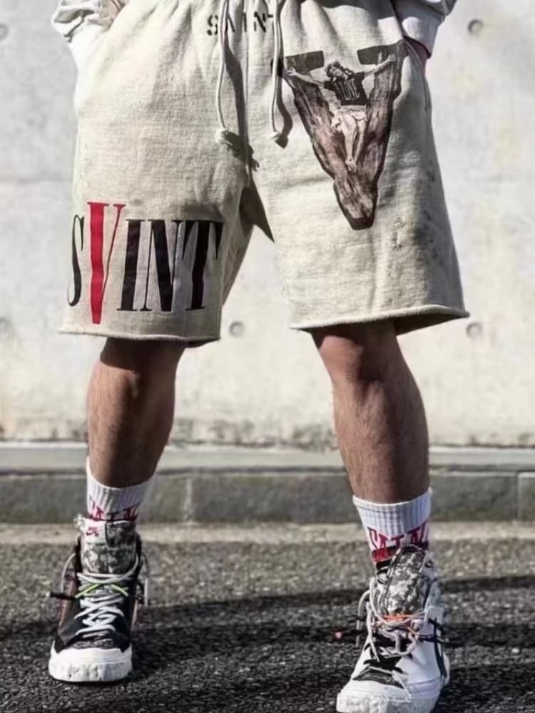 Saint Michael VLONE Graffiti Distressed Casual Fifth Pants for Men