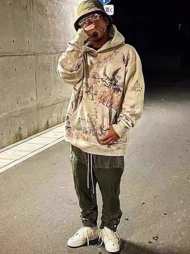 Saint Michael Angel Devil Hand-Painted Retro Velvet Hooded Sweatshirt for Men