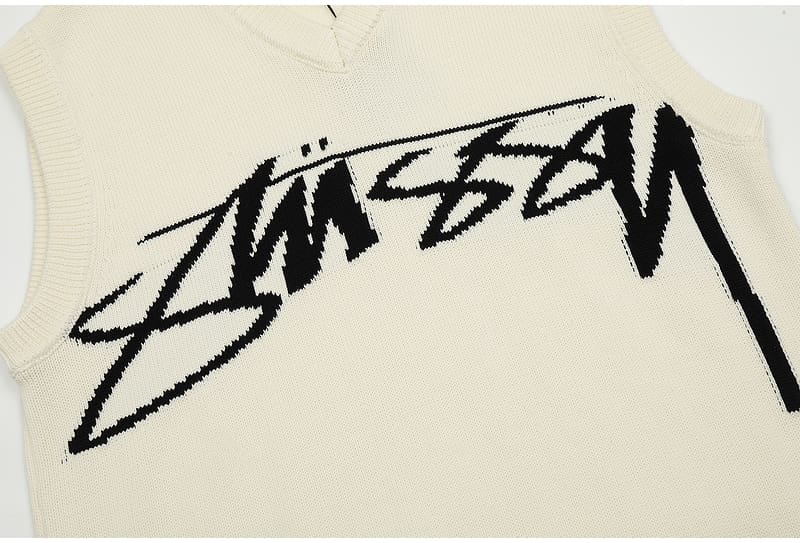 Stussy Script Letter Jacquard V-Neck Sleeveless Sweater Vest for Men and Women