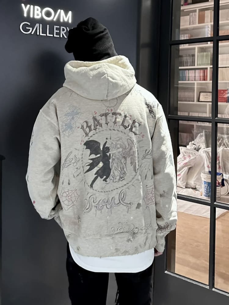 Saint Michael Angel Devil Hand-Painted Retro Velvet Hooded Sweatshirt for Men