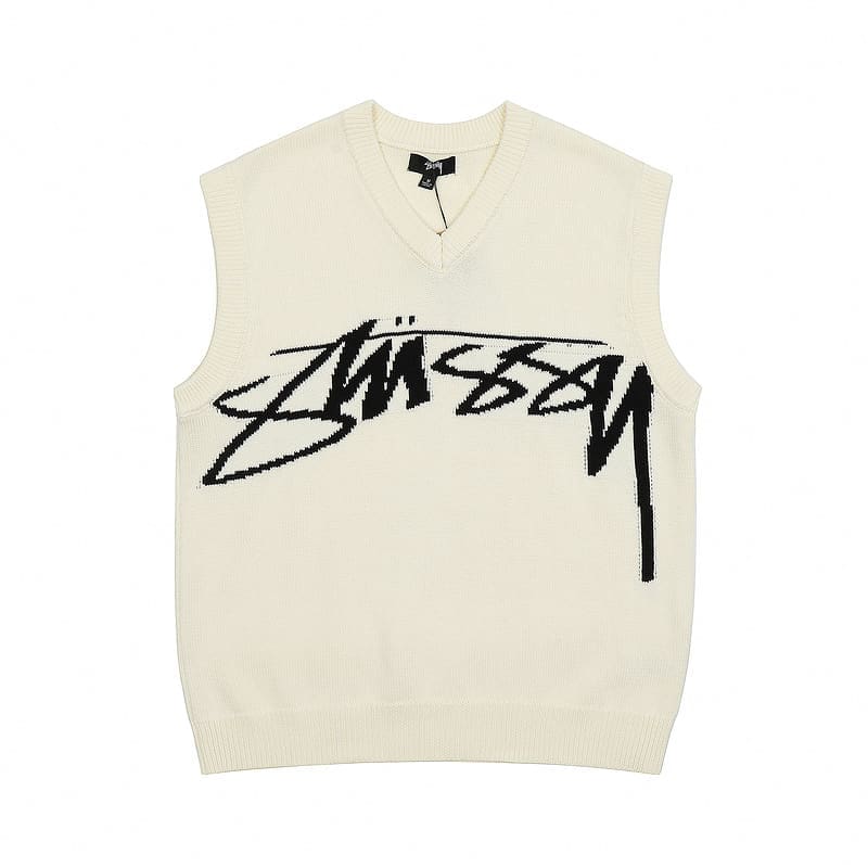 Stussy Script Letter Jacquard V-Neck Sleeveless Sweater Vest for Men and Women
