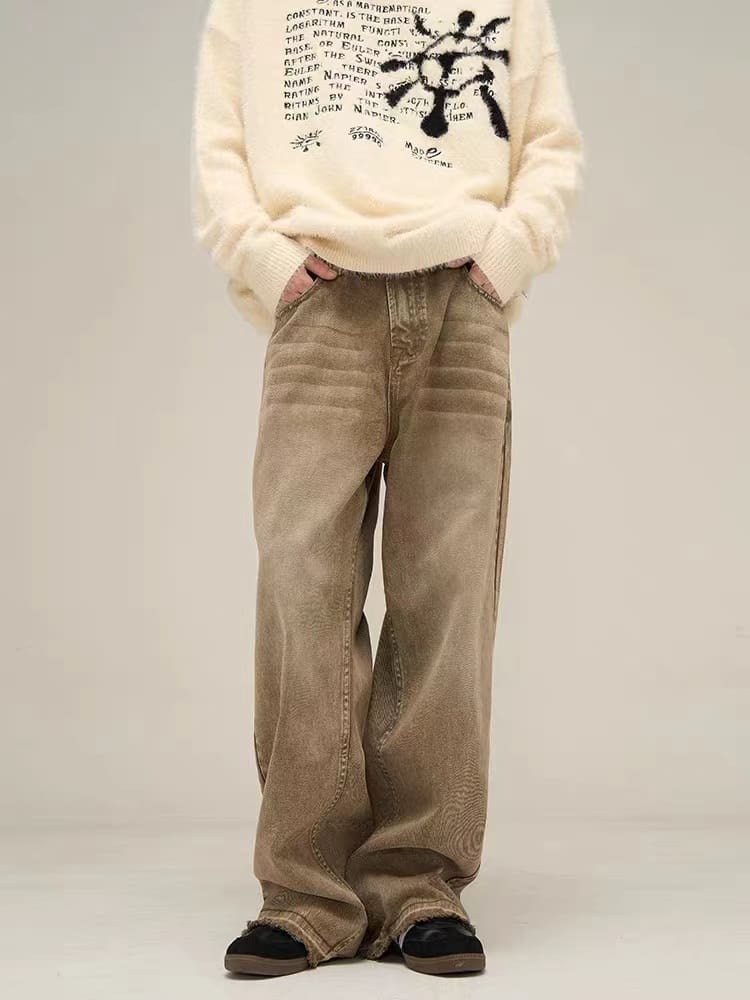 Vujade style washed distressed Vintage jeans wide leg men’s and women’s same American style loose vibe trousers