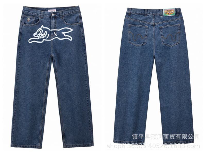 ICECREAM Flying Dog Print Wide Leg Denim Trousers for Men and Women