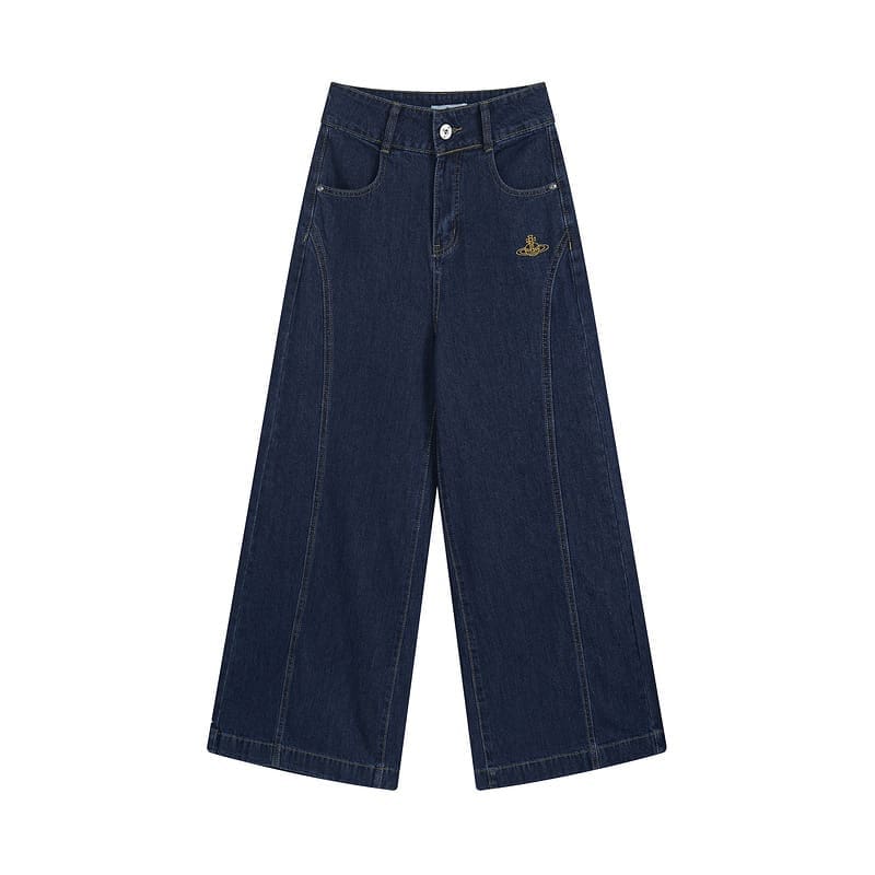 Vivienne Westwood Saturn Logo Embroidered High Waist Wide Leg Denim Trousers for Women