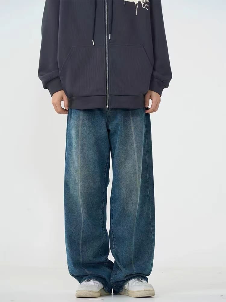 Vujade style washed distressed Vintage jeans wide leg men’s and women’s same American style loose vibe trousers