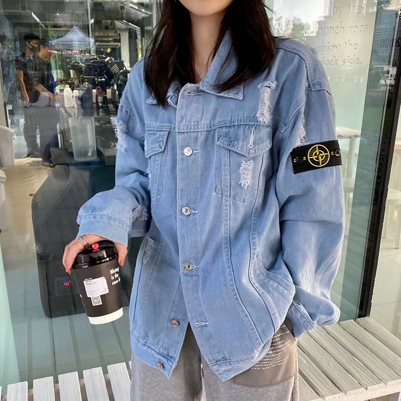 Stone Island Ripped Denim Jacket Retro Washed Casual Long Sleeve for Men and Women