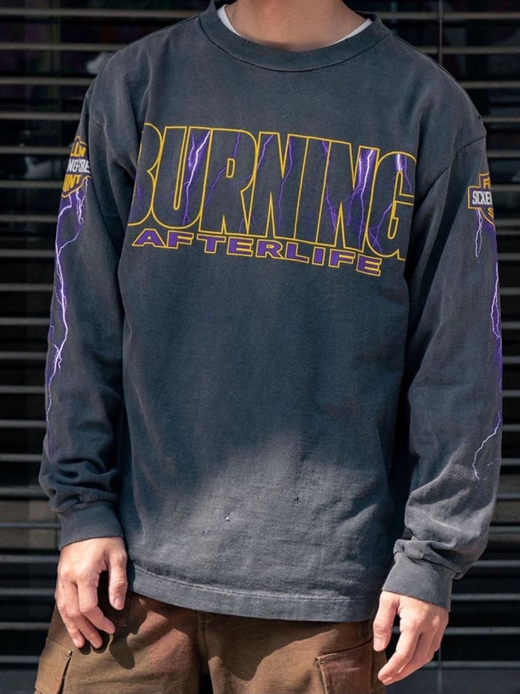 Saint Michael Lightning Crack Washed Vintage Long Sleeve T-Shirt for Men and Women