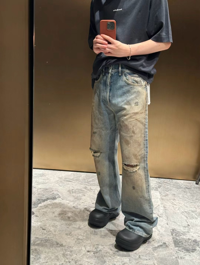 American-style ripped Acne home Internet celebrity ins trendy 2021m mud dyed washed distressed high street men and women destroyed jeans