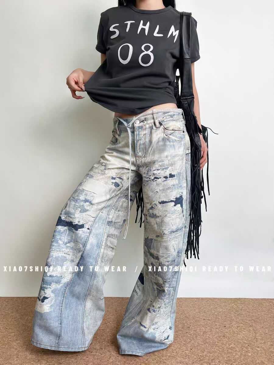 AC style 2024 New retro worn looking washed-out jeans straight wide leg mop trousers
