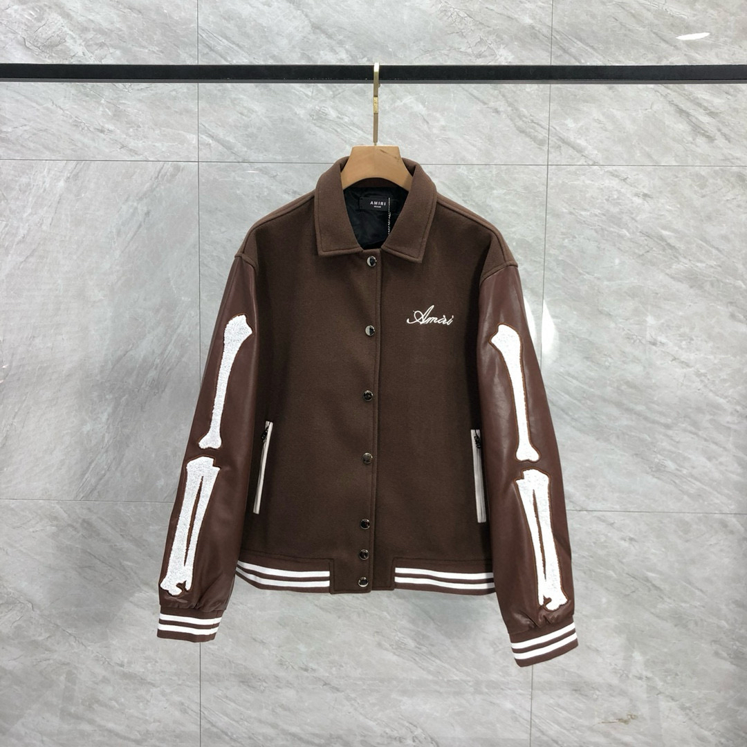2024 autumn and winter AMIRI bone towel embroidery color contrast patchwork ins leather patchwork baseball uniform jacket coat quilted