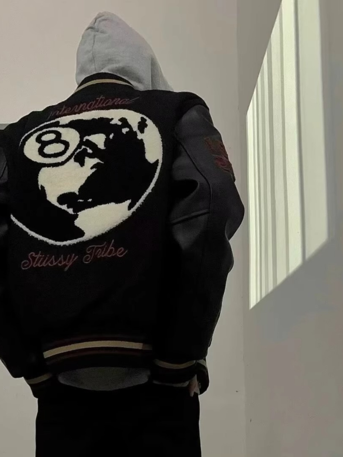 STUSSY STUSSY black eight embroidery leather sleeve padded jacket baseball uniform jacket men and women fall winter couples