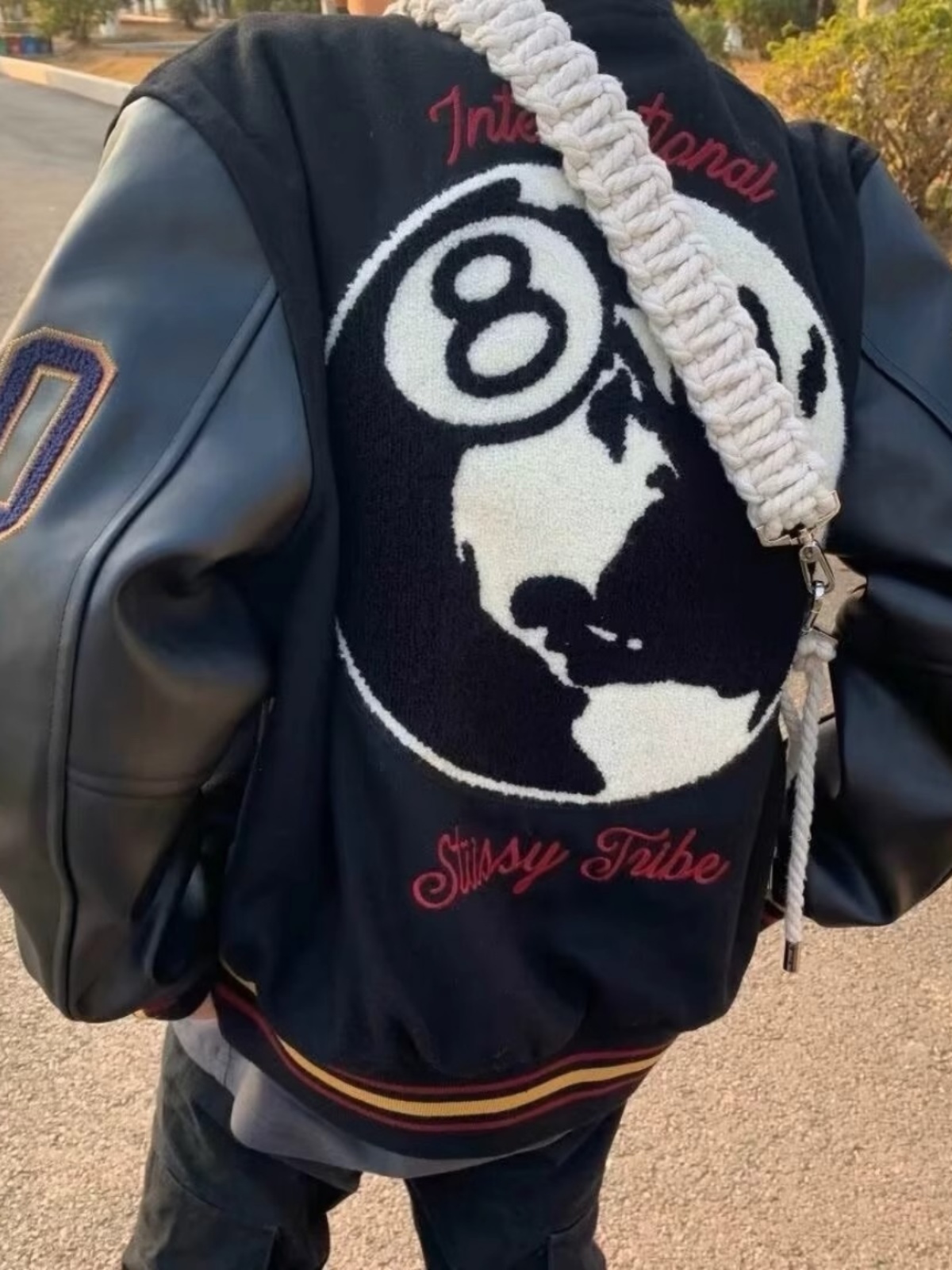 STUSSY STUSSY black eight embroidery leather sleeve padded jacket baseball uniform jacket men and women fall winter couples