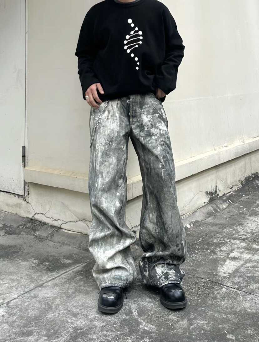 Acne splash-ink old mud dyed design sense American waste soil wind DirtyFit dirty pants American jeans fashion