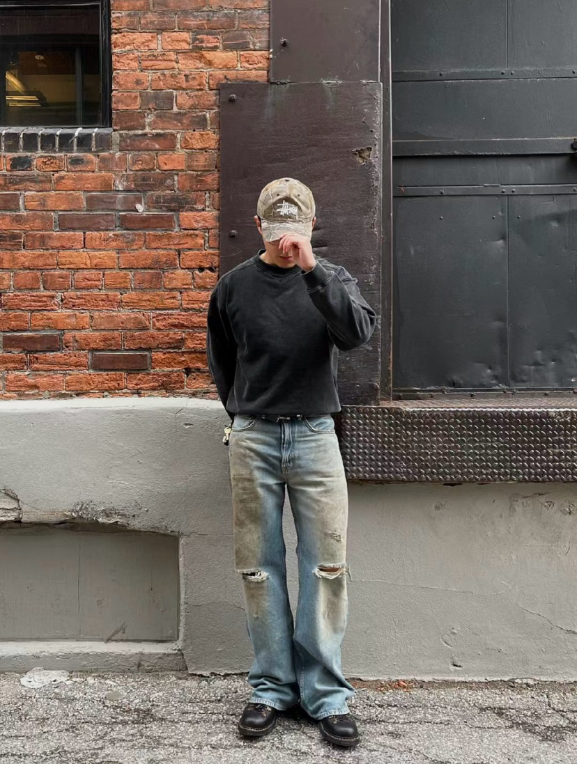 American-style ripped Acne home Internet celebrity ins trendy 2021m mud dyed washed distressed high street men and women destroyed jeans