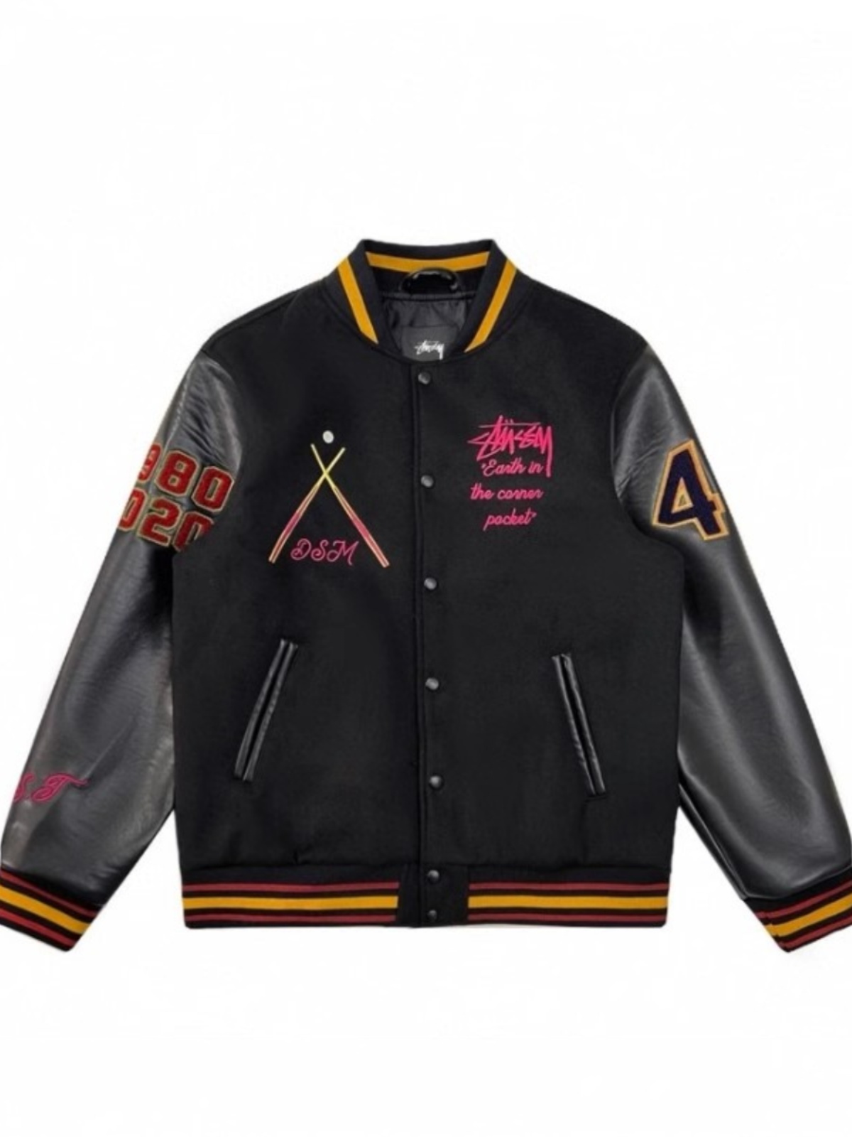 STUSSY STUSSY black eight embroidery leather sleeve padded jacket baseball uniform jacket men and women fall winter couples